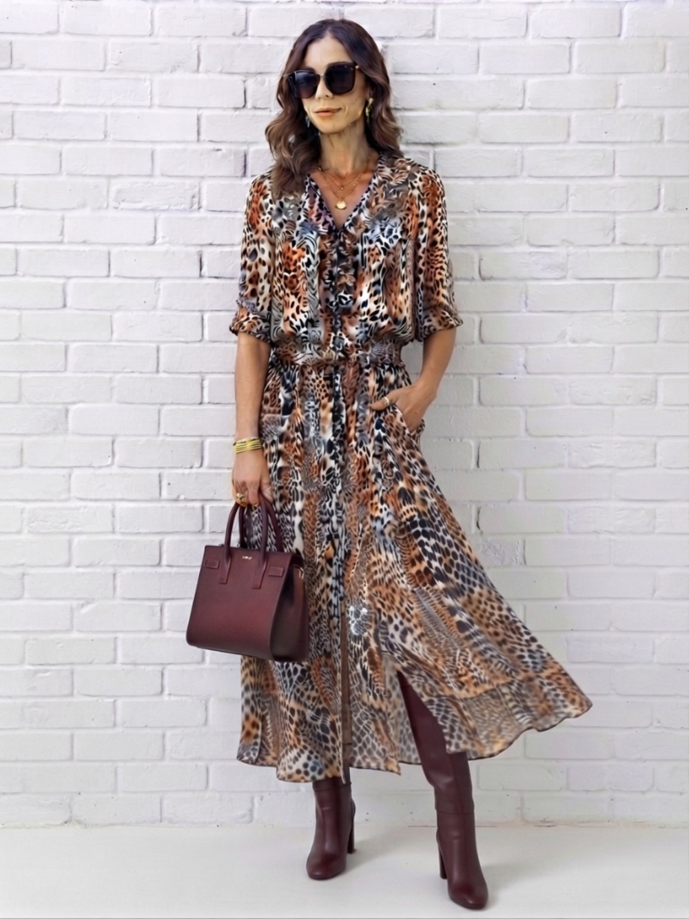 Vintage Peter Nygard Petite Leopard Print Midi Skirt Set Sz M Fall Chic